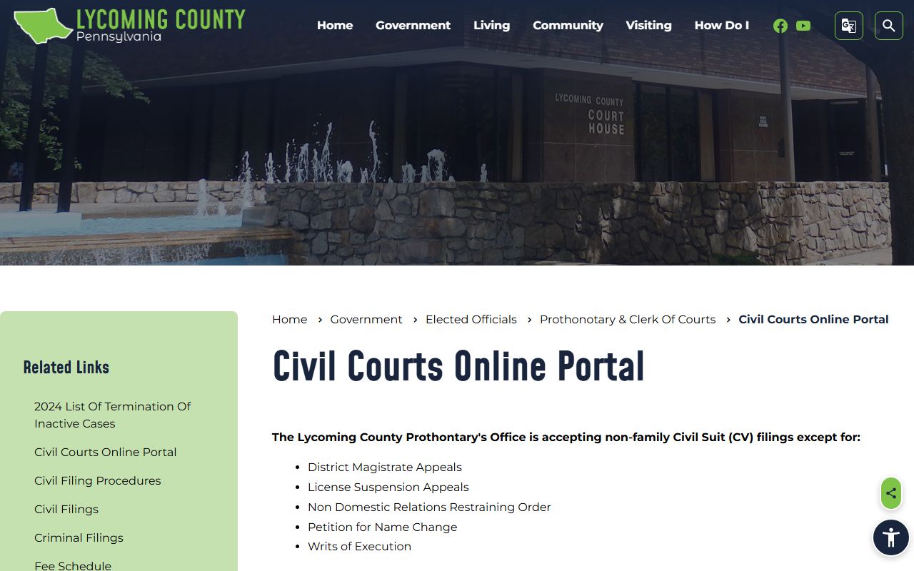 Lycoming County Prothonotary civil records online portal