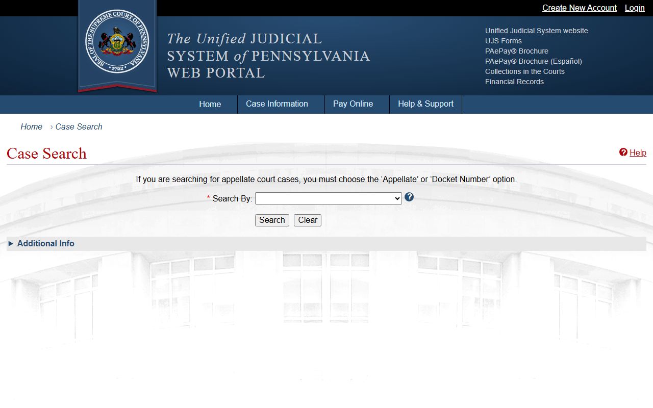 Lycoming County court records UJS case search interface