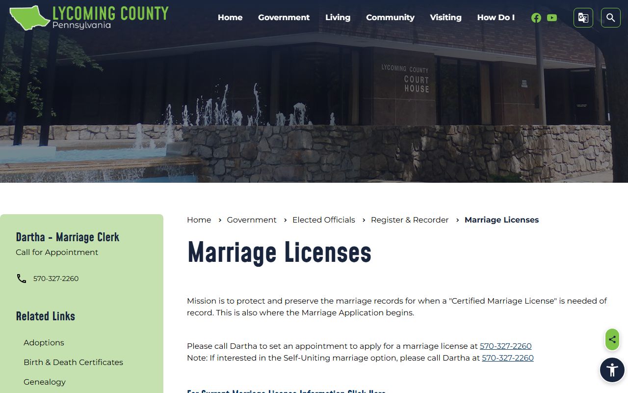 Lycoming County marriage divorce records Register and Recorder marriage license page