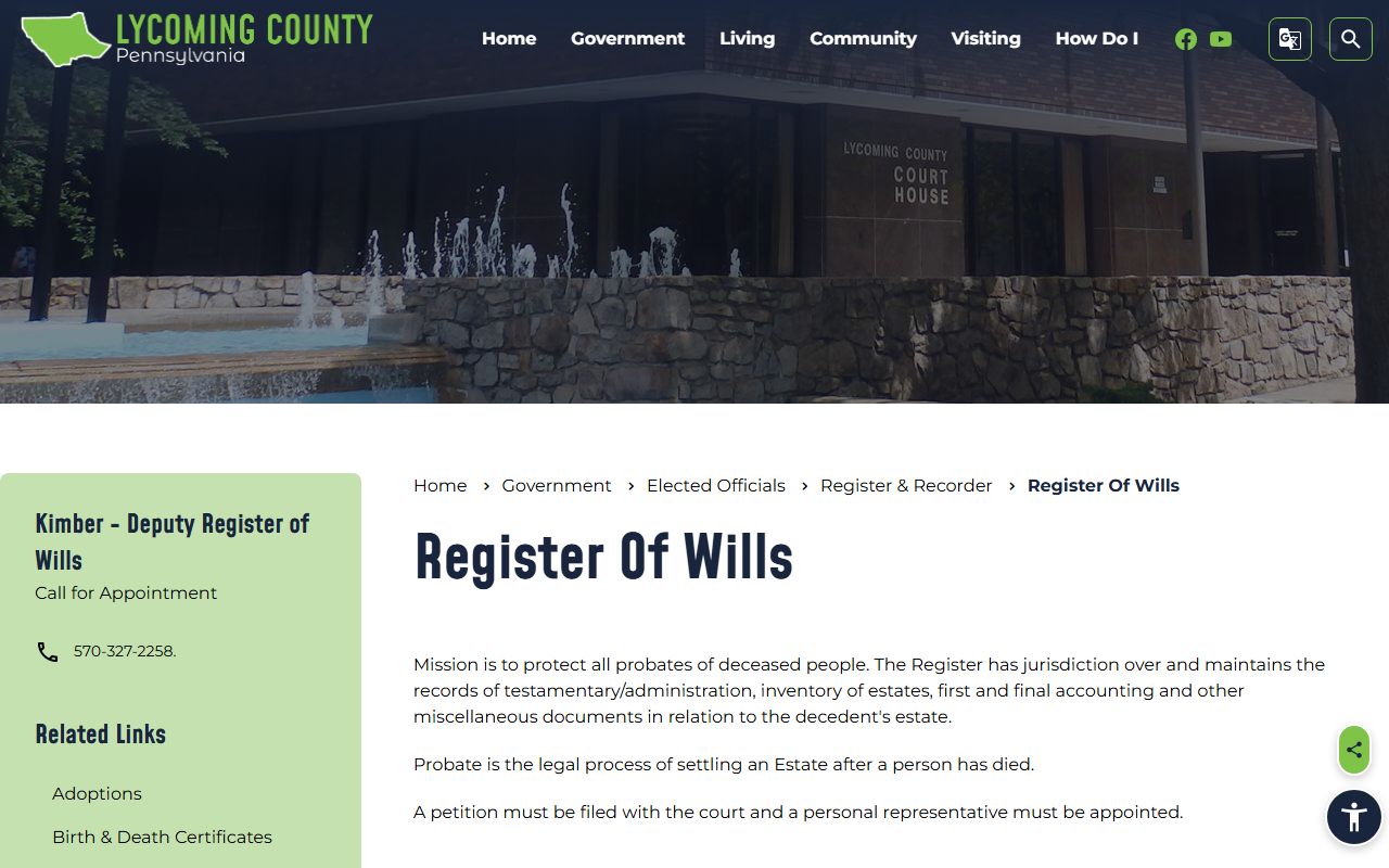 Lycoming County probate records Register of Wills page