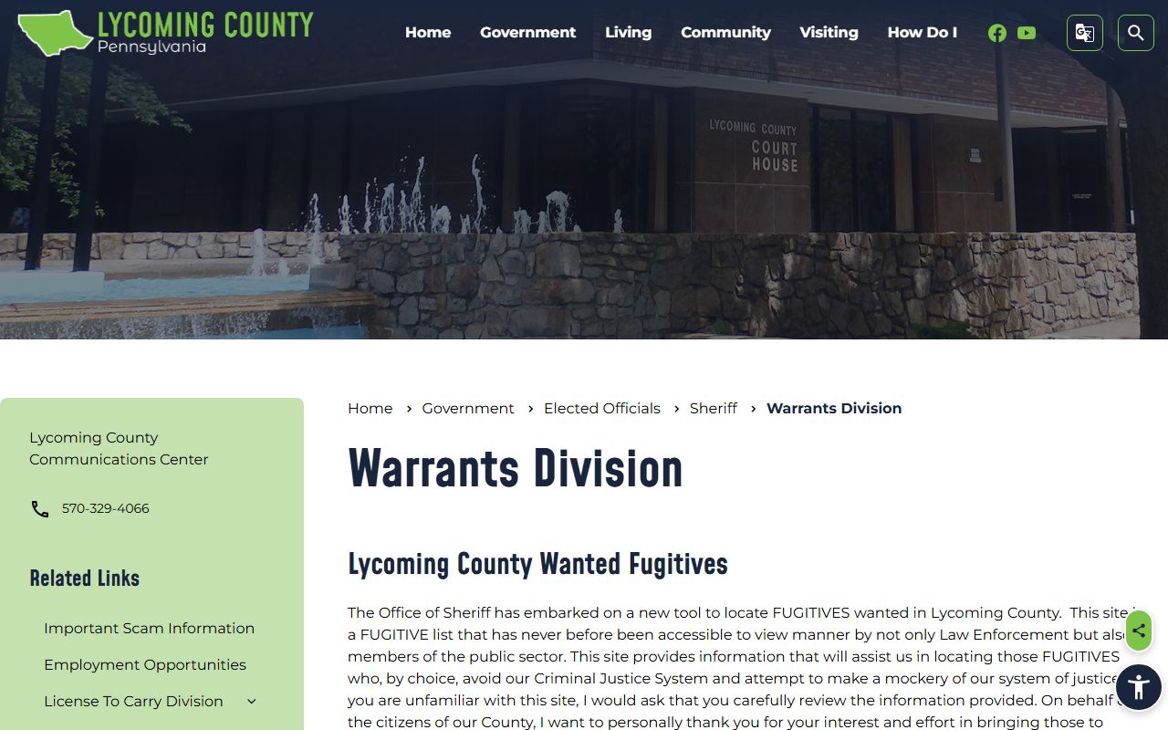 Lycoming County warrant records sheriff warrants division page